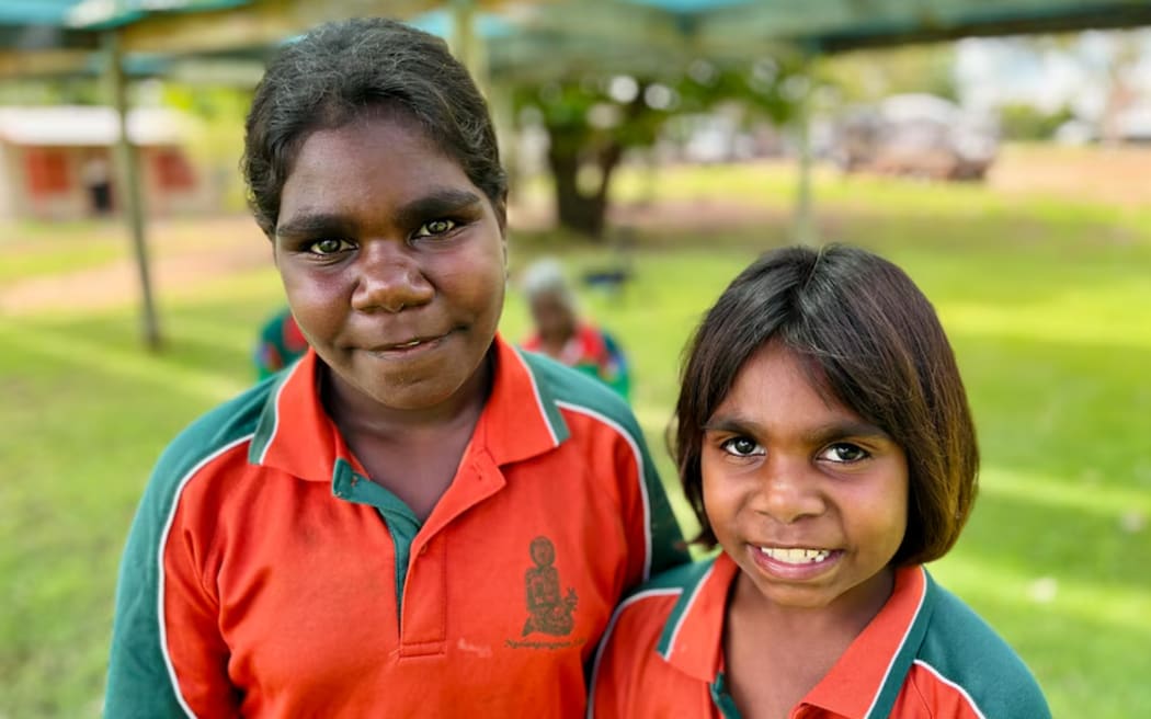 Lauren Peters and Tennielle Patrick learn via a two-way education system at the Ngalangangpun School in Warmun.