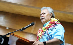 Tuvalu's prime minister Enele Sopoaga speaking at the opening of the Pacific Islands Forum meeting in Funafuti. August 2019