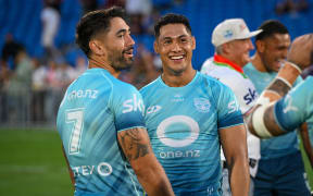 Shaun Johnson and Roger Tuivasa-Sheck following the Warriors Pre-Season Challenge win over the Dolphins.