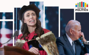 Jacinda Ardern and Joe Biden in front of an American flag