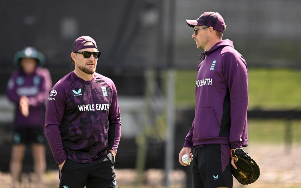 Brendon McCullum Head Coach of England with Tim Southee fast-bowling coach of England, 2025.