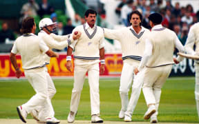 Richard Hadlee celebrates a wicket.