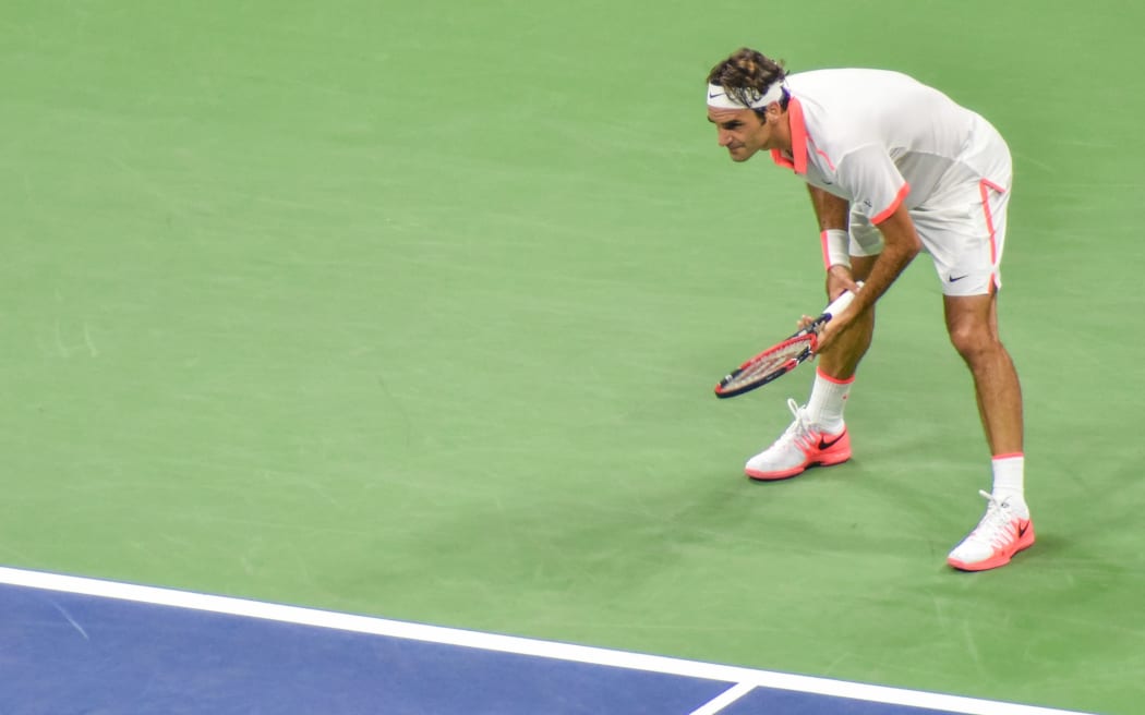 Roger Federer awaits serve at Flushing Meadows