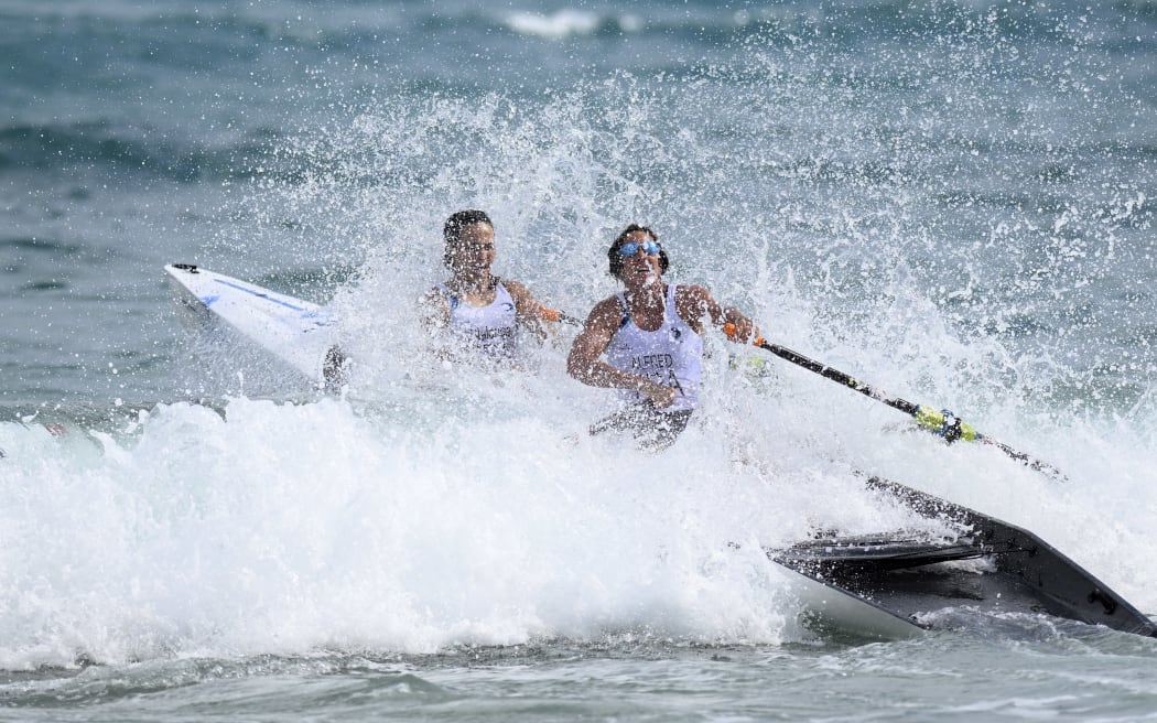 A rowing beach sprint crew in action.