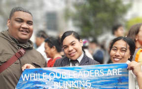 Student Saiaisi Pita, middle, with friends at the School 4 Climate Strike rally in Auckland last Friday.