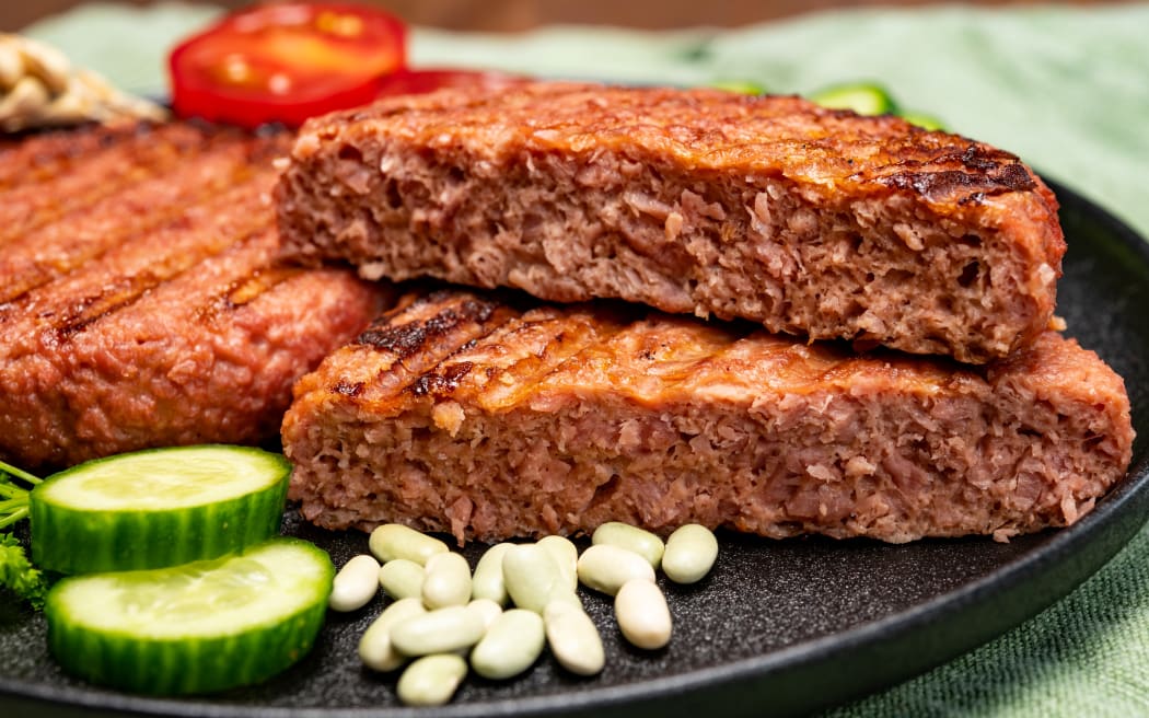 Source of fibre plant based vegan soya protein grilled burgers, meat free healthy food close up