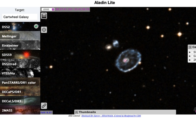 Online view in Aladin Lite of the Cartwheel Galaxy, a lenticular/ring galaxy 500 million light years away from Earth discovered in 1941 by iconic astronomer Fritz Zwicky.