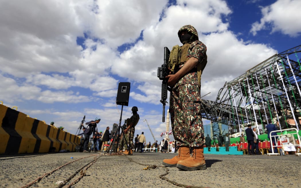 Yemeni fighters, loyal to the Shiite Houthi movement, secure a rally marking the birth anniversary of Islam's Prophet Mohammad in the capital Sanaa, on 20 November, 2018.