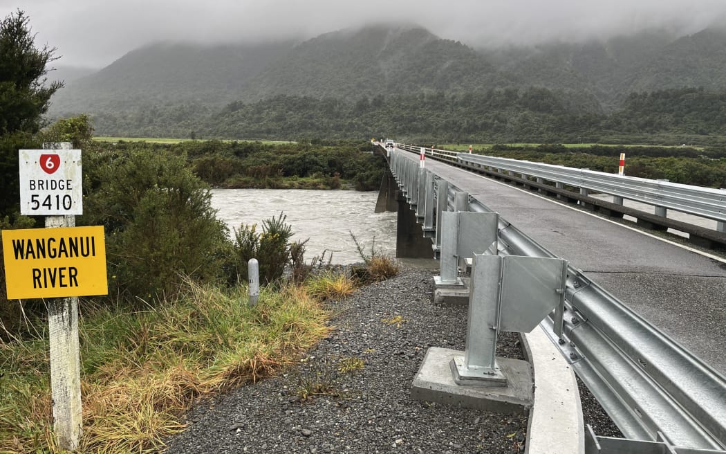 The southern approach to the Wanganui River on State highway 6. The protection works about 1.5km below the bridge are under threat.