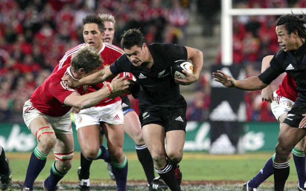 All Black first five-eights Daniel Carter on the attack during the 2nd test match between the New Zealand All Blacks and the British and Irish Lions at Westpac Stadium in Wellington,New Zealand on Saturday 2 July 2005