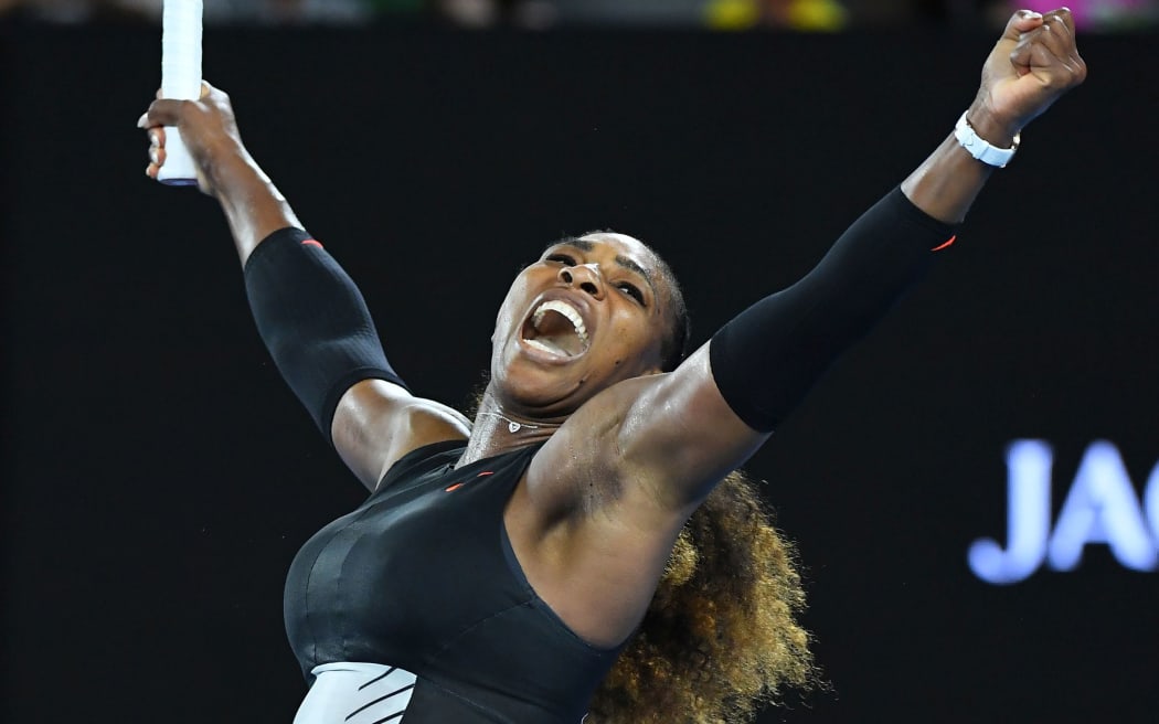 Serena Williams celebrates victory over Nicole Gibbs.