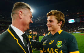 Coach Heyneke Meyer with Pat Lambie after the win over the All Blacks at Ellis Park in October