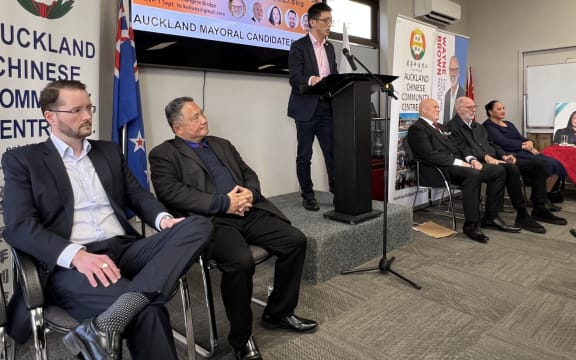 Auckland mayoral candidates. From left to right: John Alcock, Eric Chuah, Ted Johnston, Wayne Brown and Kerrin Leoni deliver campaign pitches to an ethnic audience in South Auckland on 7 Sep 2025.