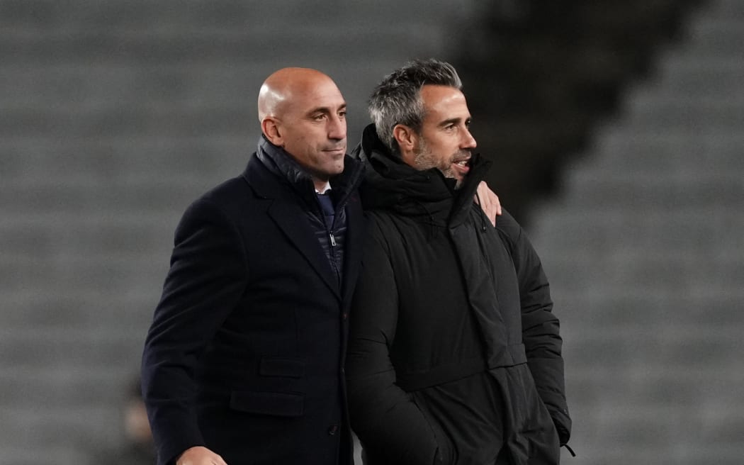 Spanish football federation President Luis Rubiales and national women's coach Jorge Vilda during the FIFA World Cup 2023.