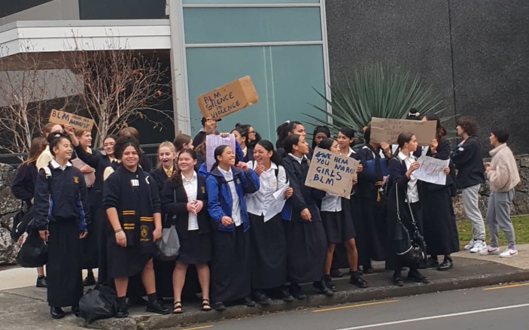 About 30 students and some of their parents protested outside Marist College in Auckland on 16 June after Black Lives Matter posters were taken down at the school.
