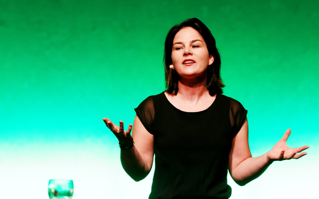 Former trampoline competitor turned Greens co-leader, Annalena Baerbock, speaks during the state party conference.