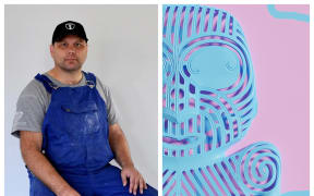 Artist Kereama Taepa next to a piece of his digital art.