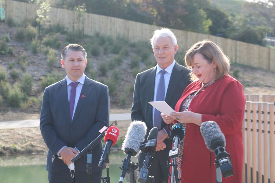 Mt Roskill MP Michael Wood, Auckland mayor Phil Goff and Housing Minister Megan Woods announce $1.4bn in funding to boost Auckland housing.