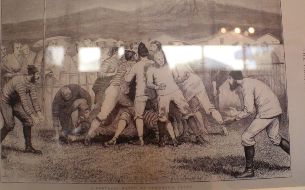 Illustration of one of the first rugby games at the Yokohama Country and Athletics Club, Yokohama, Japan.