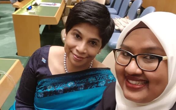 Nazhat Shameem, left, and a staff member in Geneva