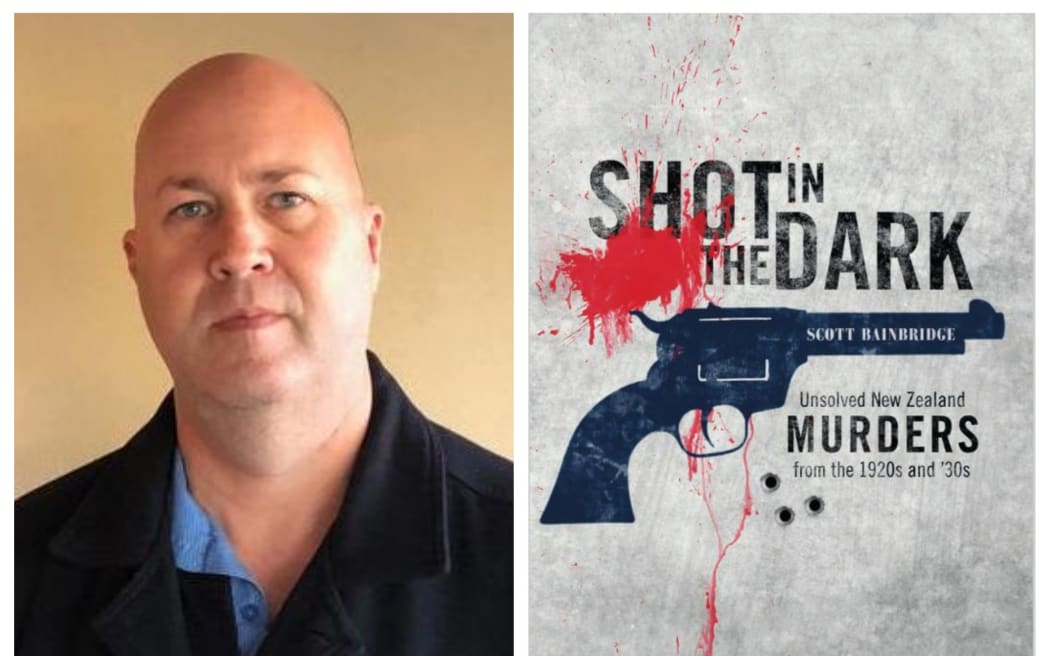 Head and shoulders shot of author Scott Bainbridge (left) and the cover of his book 'A Shot in the Dark' which features the title and graphic of a gun with blood splatter.