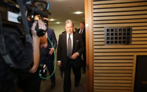 New Zealand First leader Winston Peters arriving for the announcement.