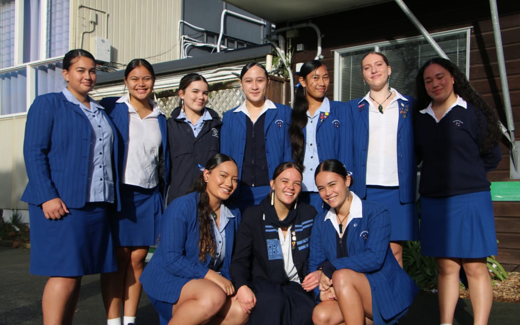 Te Au Āio Ani Mereti (bottom-centre) a senior student from St Mary's College, delivered her kōrero in the Pei Te Hurinui Jones (Senior Māori) section at Ngā Manu Kōrero Tāmaki ki te Waitematā.