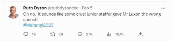 A screenshot of a tweet by former Labour MP Ruth Dyson in February about National Party leader Christopher Luxon's speech at Waitangi this year.