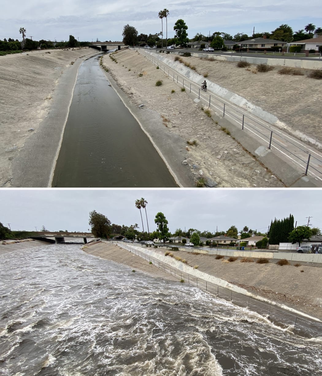 This combination of images shows the Ballona Creek watershed in Culver City, California on 19 August, 2023 (top) and after the approach of Tropical Storm Hilary (bottom) on 20 August, 2023.