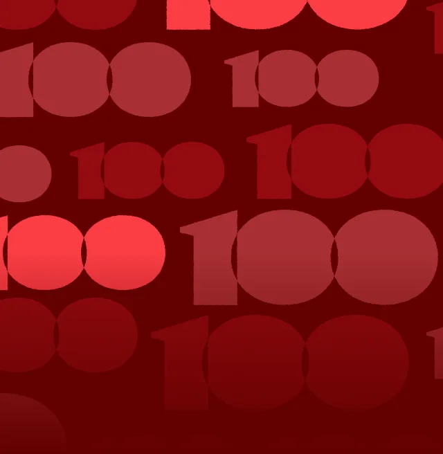 Dark red background with multiple images of 100 in different shades of red on it.