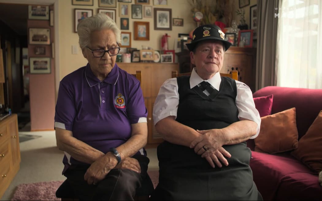 Two long serving Maori Warden's Nanny Uru Kereiti and Nanny Pura Whale sit next to each other during the filming of the documentary Maori Wardens.