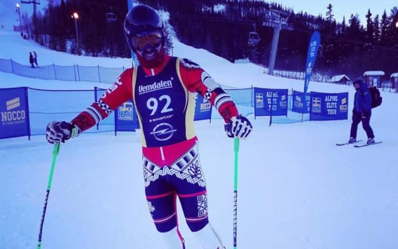 Tongan skier Kasete Naufahu Skeen after his first race back in Klovsjoe, Sweden.