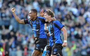 Auckland FC's Nando Pijnaker scores and celebrates.