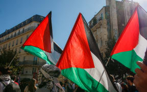 Palestinian flags in the procession of the inter-union demonstration, in Paris, France on September 18, 2025.