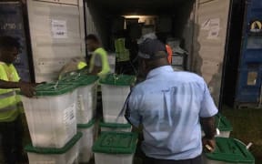 Ballot boxes being brought to Buka for the count.