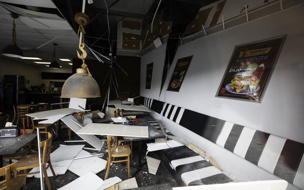 Wholly Bagel in Lower Hutt which was badly damaged by the storm on Tuesday 12 December 2023.