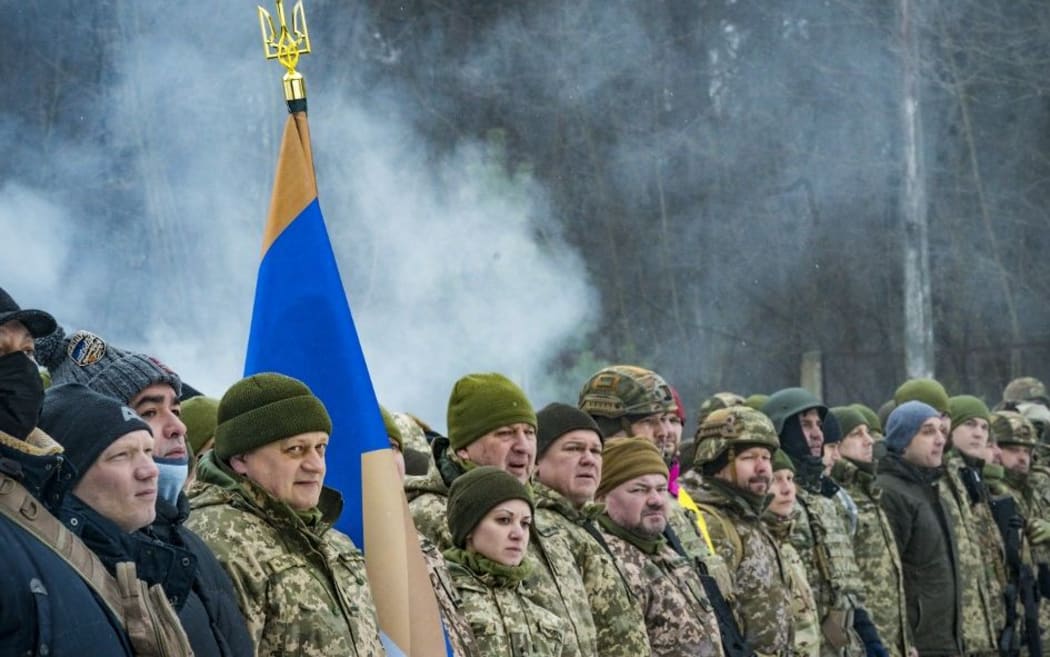 Volunteers of the 112th Territorial Defense Brigade of Kiev in a military training in the outskirts of the city.