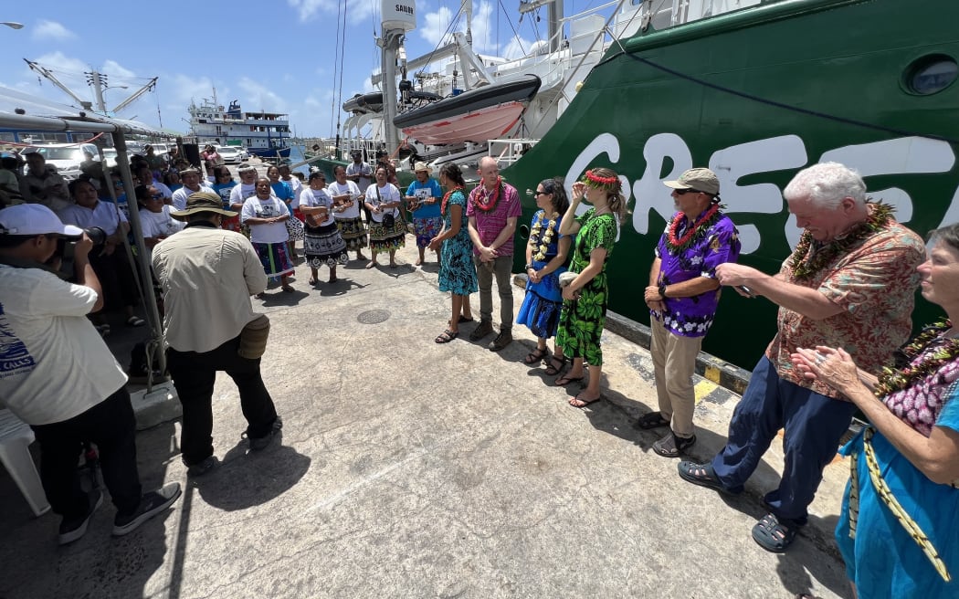 On arrival in Majuro March 11, the crew of Greenpeace's Rainbow Warrior III vessel were serenaded by the Rongelap community to mark the 40th anniversary of the evacuation of Rongelap Islanders from their nuclear test-affected islands. Photo: Giff Johnson.