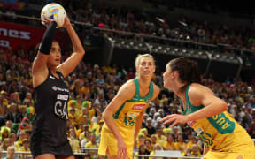 Maria Tutaia shoots for goal in the Silver Ferns' pool games against Australia.