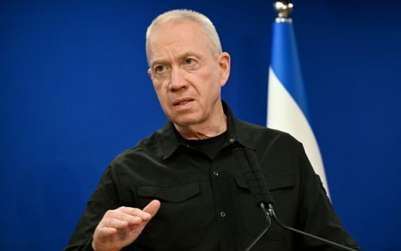 Israel's Defence Minister Yoav Gallant speaks during a joint press conference with US secretary of defence, in Tel Aviv on December 18, 2023. (Photo by Alberto PIZZOLI / AFP)