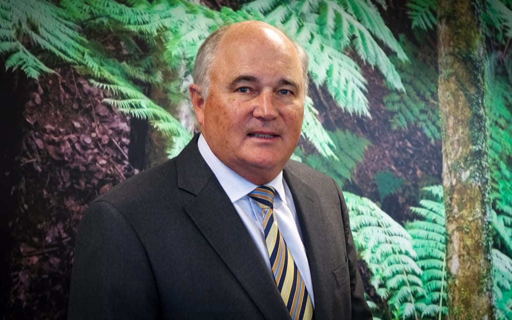 Kim Campbellsand in fronto f a wall poster of NZ ferns at Business NZ