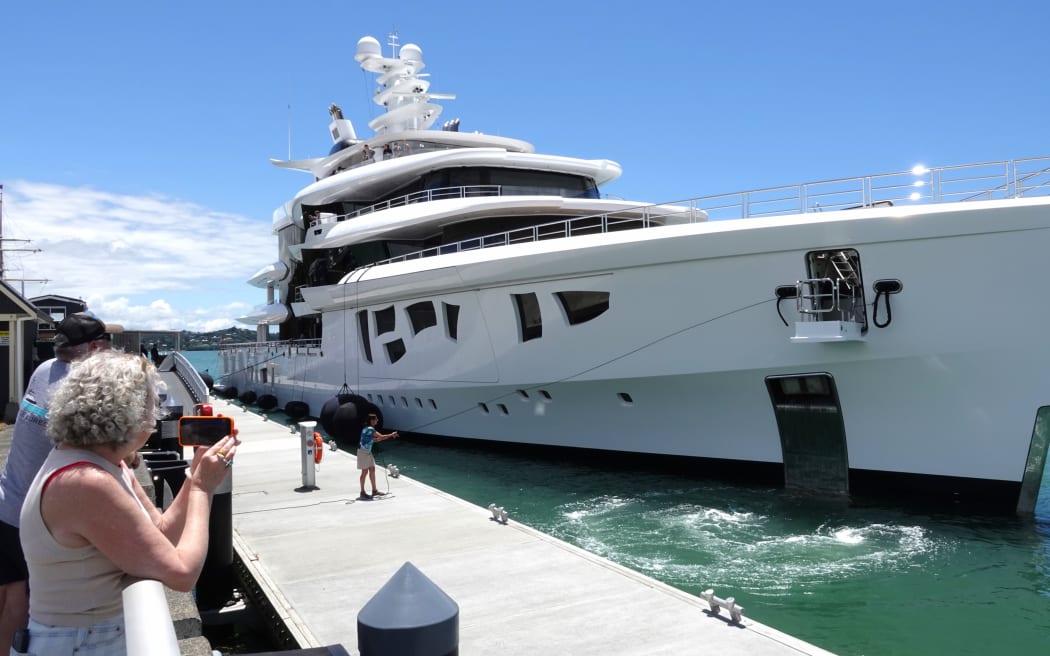 The 80-metre superyacht Artefact berths at Ōpua wharf.
