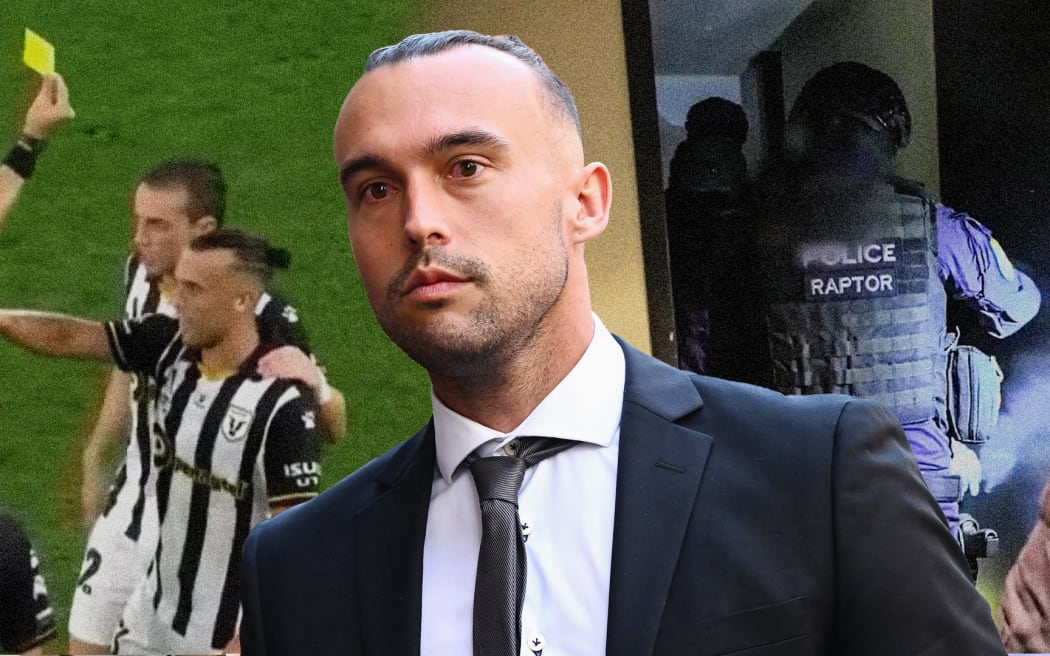 Composite image of Clayton Lewis appearing at court in the foreground, with frames from the game when Lewis deliberately drew a yellow card and his arrest in the background.