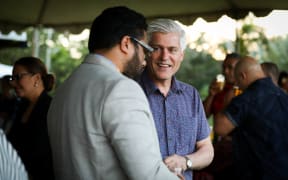 National MP Tim MacIndoe chats with Tonga Parliament's Speaker Lord Fakafanua at the New Zealand Official Residence in Tonga.