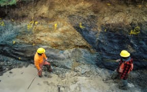 File footage, ESNZ – a diagonal fault offset exposed in a trench.