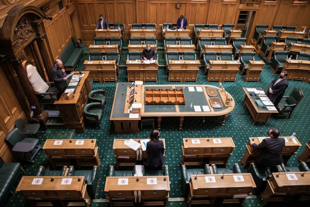 Speaker of the House Trevor Mallard at the first Question time and sitting of the House  in alert level 4 lockdown in the House of Representatives debating chamber.