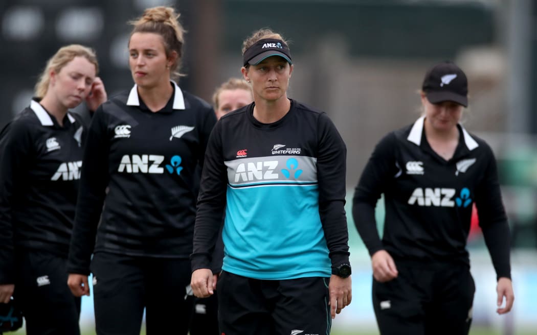 Sophie Devine the New Zealand captain with her dejected teammates at the end of the second ODI against England at New Road One, Worcester, England on Sunday 19th September 2021.
