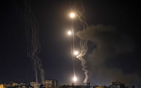 Rockets are launched towards Israel from Gaza City, controlled by the Palestinian Hamas movement, on 11 May 2021.