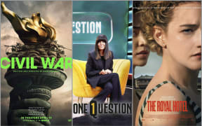 Image of movie posters: Civil War, One Question, The Royal Hotel.
