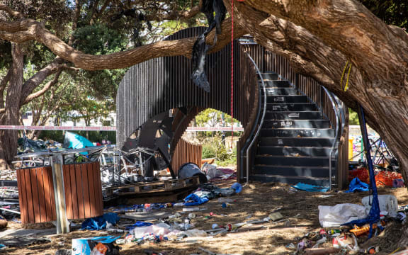 Rubbish surrounds the Parliament playground which was set ablaze by protesters yesterday.